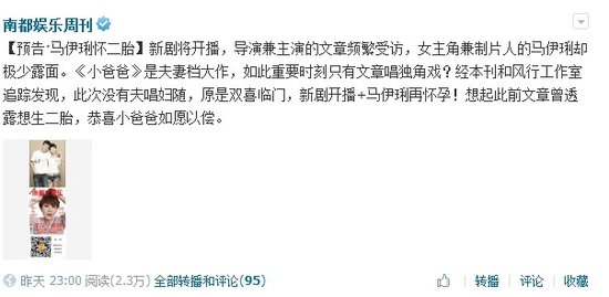 曝马伊p已怀二胎 文章如愿以偿再当爸