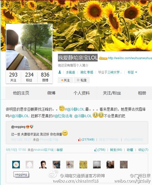 手滑了？王菲微博点赞李亚鹏找汪峰在一起