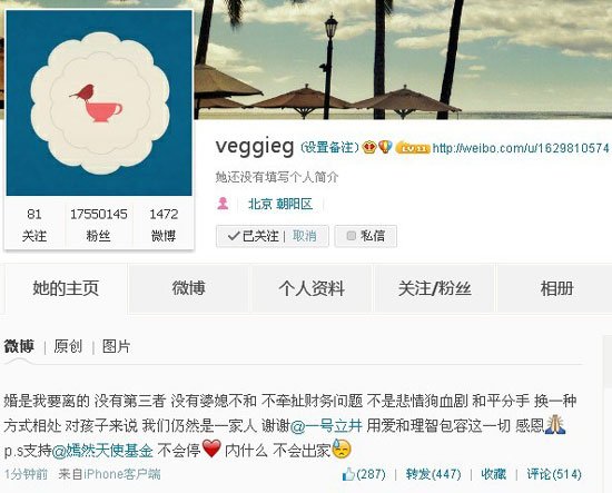 王菲微博澄清不会出家 离婚不因第三者